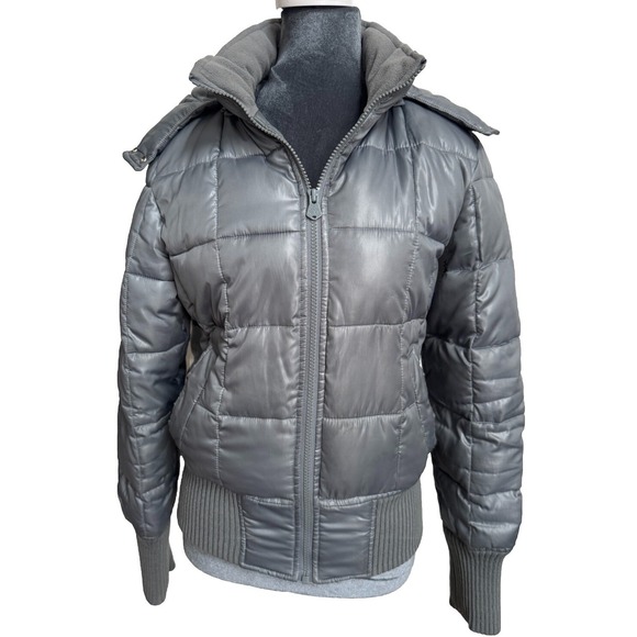 Vtg Old Navy Puffer Jacket Coat M Metallic Gray Hoodie Bomber Retro Y2K Grunge - Picture 1 of 15